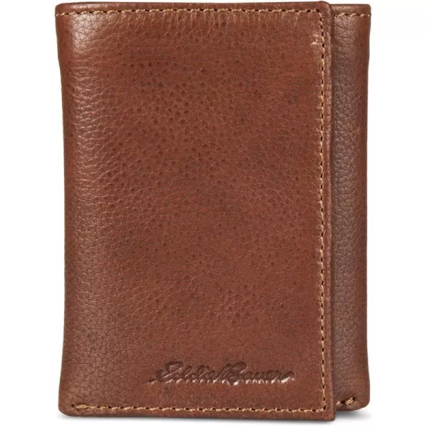 Eddie Bauer Mens Signature Logo Leather Trifold Wallet with 6 Card Slots and RFID ProtectionTan