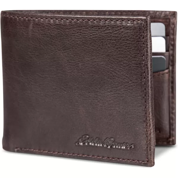 Eddie Bauer Mens Signature Logo Leather Flip Id Bifold Wallet with 6 Card Slots and RFID ProtectionBrown