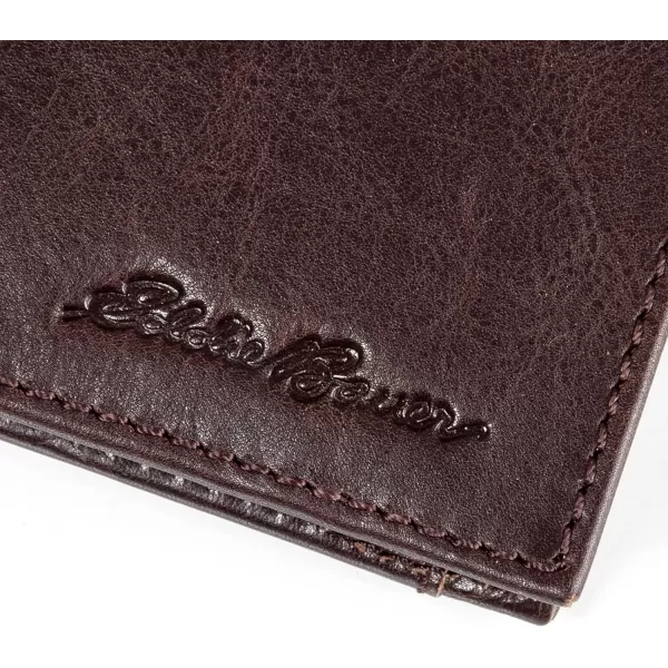 Eddie Bauer Mens Signature Logo Leather Flip Id Bifold Wallet with 6 Card Slots and RFID ProtectionBrown