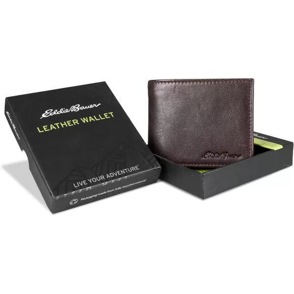 Eddie Bauer Mens Signature Logo Leather Flip Id Bifold Wallet with 6 Card Slots and RFID ProtectionBrown