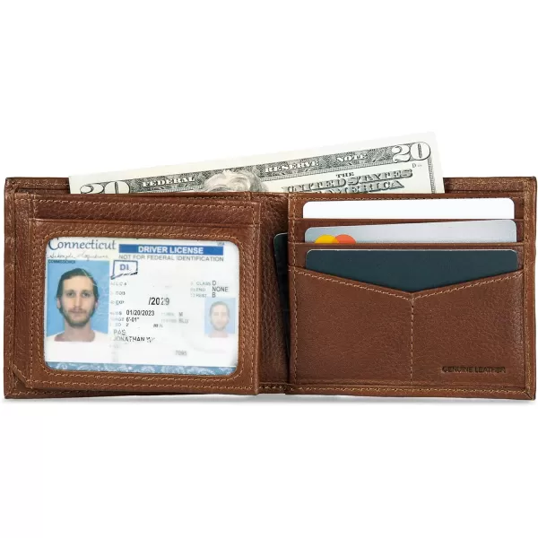 Eddie Bauer Mens Signature Logo Leather Flip Id Bifold Wallet with 6 Card Slots and RFID ProtectionTan