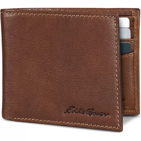 Eddie Bauer Mens Signature Logo Leather Flip Id Bifold Wallet with 6 Card Slots and RFID ProtectionTan