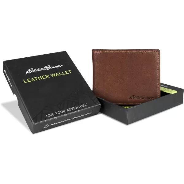 Eddie Bauer Mens Signature Logo Leather Flip Id Bifold Wallet with 6 Card Slots and RFID ProtectionTan