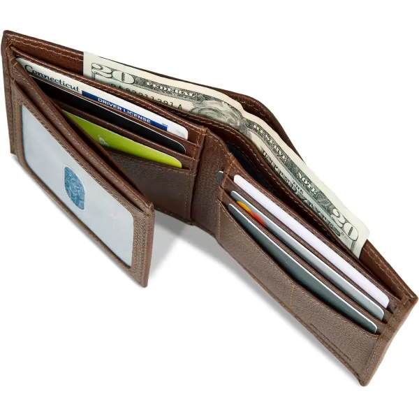Eddie Bauer Mens Signature Logo Leather Flip Id Bifold Wallet with 6 Card Slots and RFID ProtectionTan