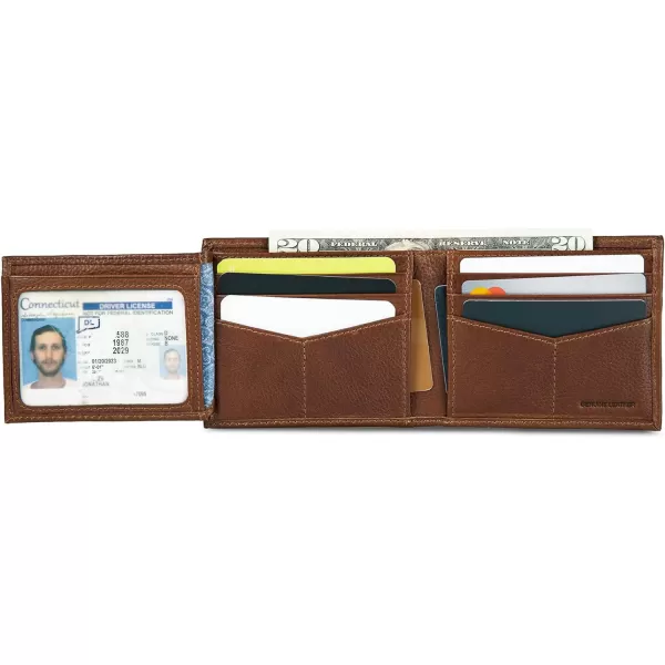 Eddie Bauer Mens Signature Logo Leather Flip Id Bifold Wallet with 6 Card Slots and RFID ProtectionTan