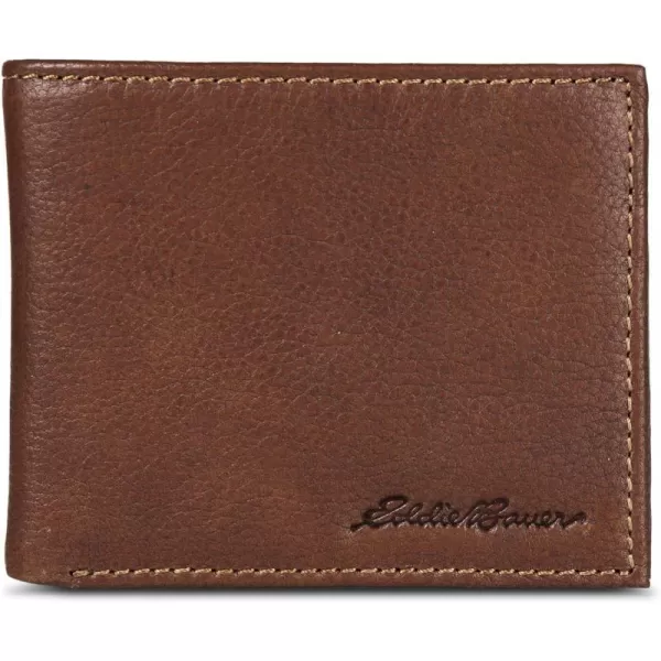 Eddie Bauer Mens Signature Logo Leather Flip Id Bifold Wallet with 6 Card Slots and RFID ProtectionTan