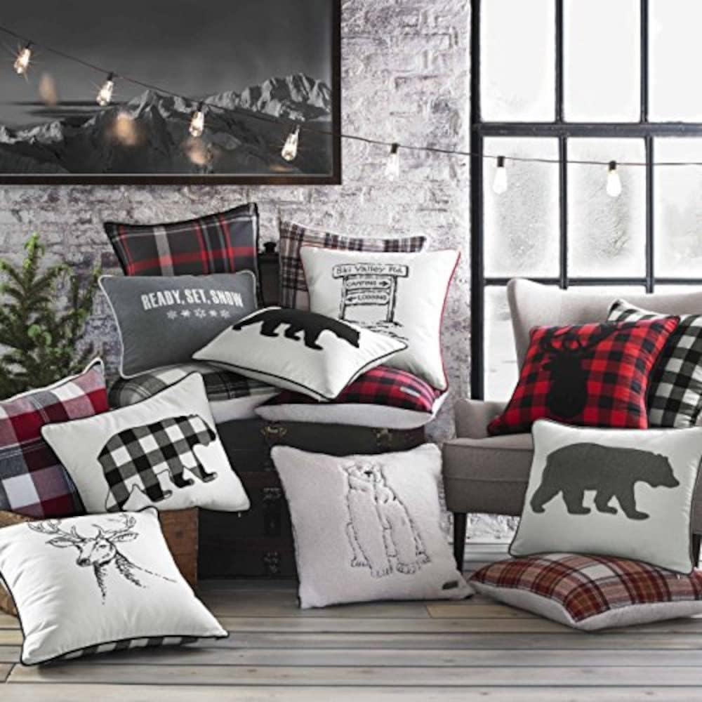 Eddie Bauer Home Throw Pillow with Zipper Closure Perfect Home Decor for Bed or Sofa 16quot x 20quot Bear Twill BlackCabin Plaid Stag RedBlack