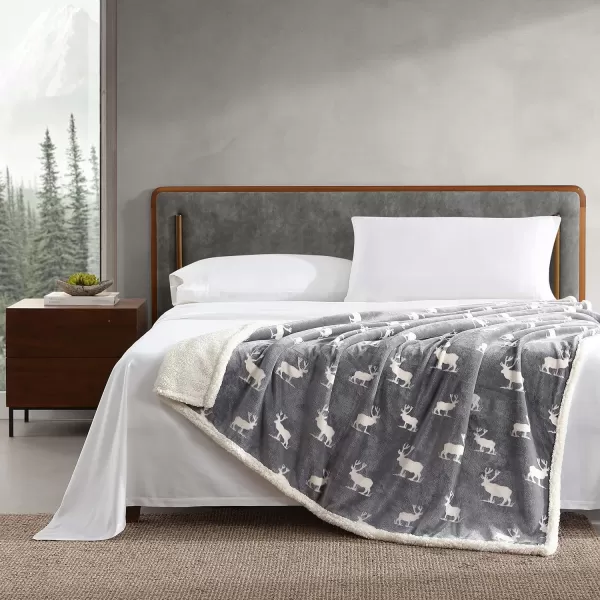 Eddie Bauer  Throw Blanket Reversible Sherpa Fleece Bedding Home Decor for All Seasons Bunkhouse Plaid Beige ThrowElk Stance GreyWhite