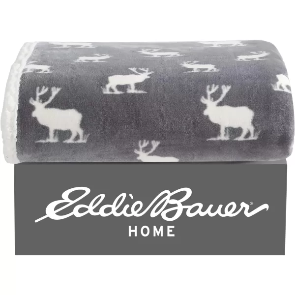 Eddie Bauer  Throw Blanket Reversible Sherpa Fleece Bedding Home Decor for All Seasons Bunkhouse Plaid Beige ThrowElk Stance GreyWhite