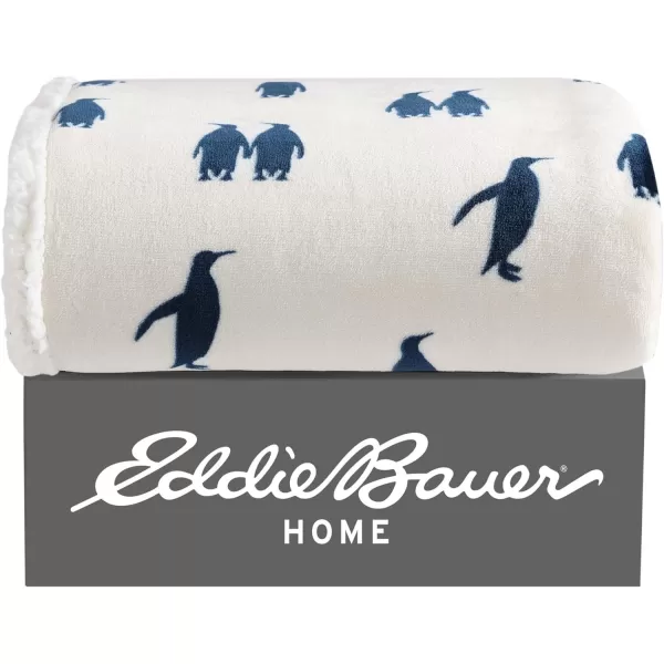 Eddie Bauer  Throw Blanket Reversible Sherpa Fleece Bedding Home Decor for All Seasons Bunkhouse Plaid Beige ThrowEmperor Penguin Navy Blue