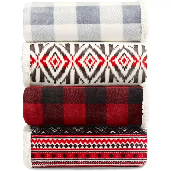 Eddie Bauer  Throw Blanket Reversible Sherpa Fleece Bedding Home Decor for All Seasons Bunkhouse Plaid Beige ThrowFair Isle RedBlack