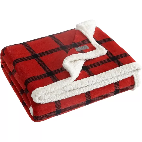 Eddie Bauer  Throw Blanket Reversible Sherpa Fleece Bedding Home Decor for All Seasons Bunkhouse Plaid Beige ThrowRedBlack