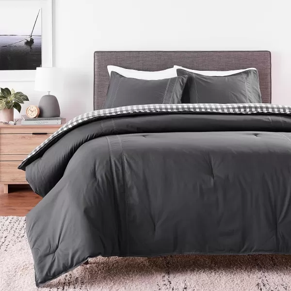 Eddie Bauer  Twin Comforter Set Reversible Cotton Bedding with Matching Sham PreWashed for Added Softness Kingston Charcoal TwinCharcoal Queen