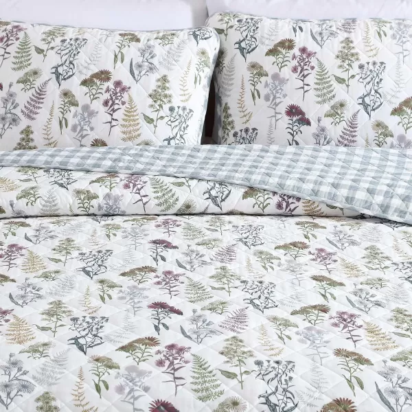 Eddie Bauer  Twin Quilt Set Reversible Cotton Bedding with Matching Sham Classic Floral Home Decor with Plaid Reverse Flower Field Green TwinKing Flower Field Green