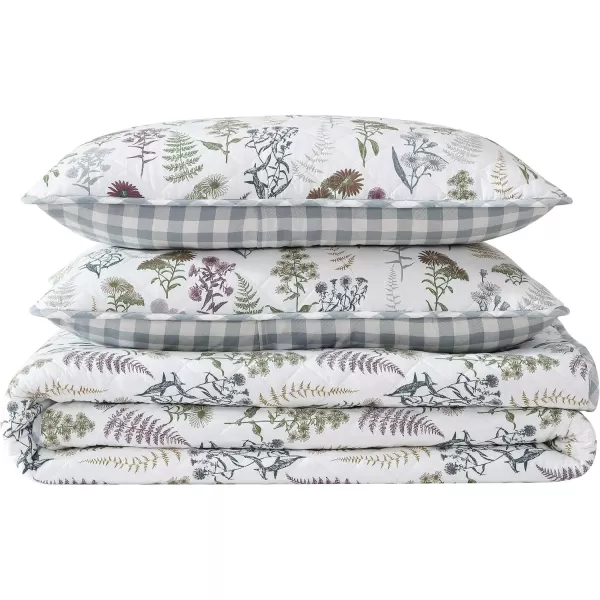 Eddie Bauer  Twin Quilt Set Reversible Cotton Bedding with Matching Sham Classic Floral Home Decor with Plaid Reverse Flower Field Green TwinKing Flower Field Green