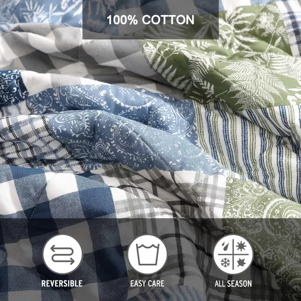 Eddie Bauer  Twin Quilt Set Reversible Cotton Bedding with Matching Sham Patchwork Home Decor with Plaid Reverse Cozy Plaid Patchwork BlueGreen TwinKing Cozy Plaid Patchwork BlueGreen