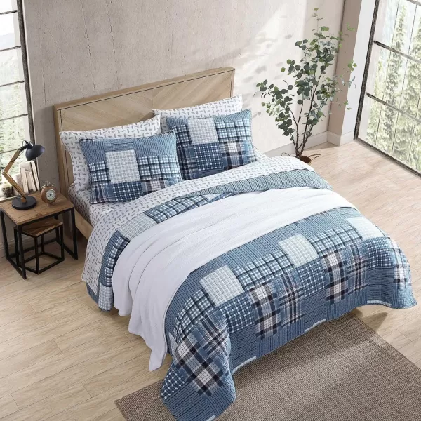 Eddie Bauer  Twin Quilt Set Reversible Cotton Bedding with Matching Sham Patchwork Plaid Home Decor Hawthorne Blue TwinKing Hawthorne Blue