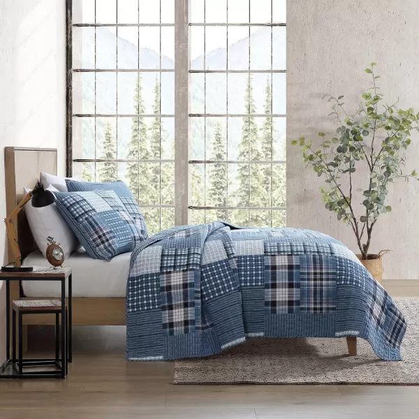 Eddie Bauer  Twin Quilt Set Reversible Cotton Bedding with Matching Sham Patchwork Plaid Home Decor Hawthorne Blue TwinKing Hawthorne Blue