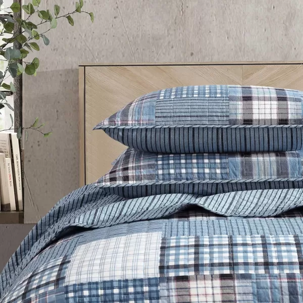 Eddie Bauer  Twin Quilt Set Reversible Cotton Bedding with Matching Sham Patchwork Plaid Home Decor Hawthorne Blue TwinKing Hawthorne Blue