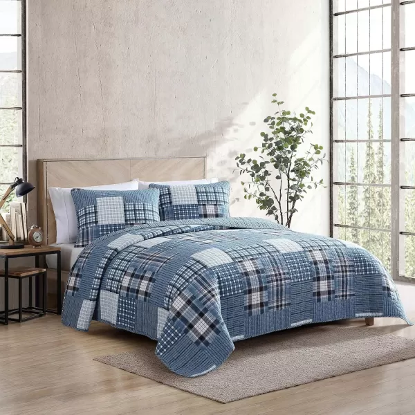 Eddie Bauer  Twin Quilt Set Reversible Cotton Bedding with Matching Sham Patchwork Plaid Home Decor Hawthorne Blue TwinKing Hawthorne Blue