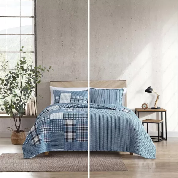 Eddie Bauer  Twin Quilt Set Reversible Cotton Bedding with Matching Sham Patchwork Plaid Home Decor Hawthorne Blue TwinQueen Hawthorne Blue