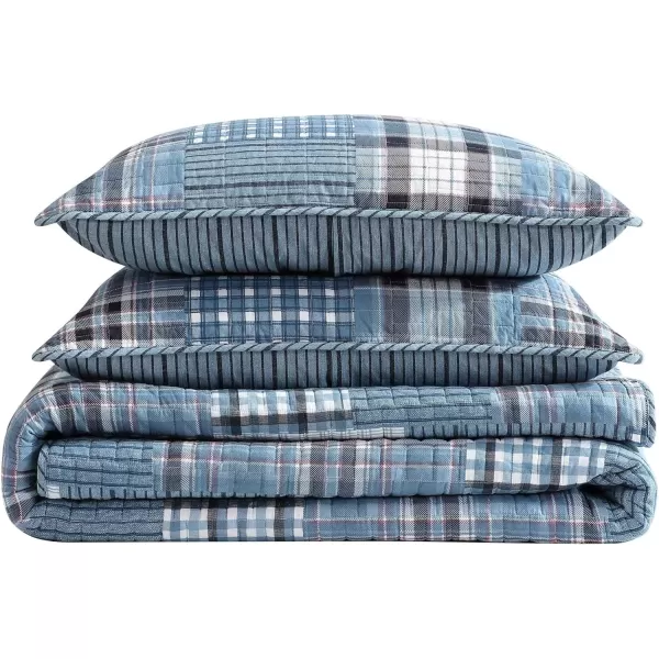 Eddie Bauer  Twin Quilt Set Reversible Cotton Bedding with Matching Sham Patchwork Plaid Home Decor Hawthorne Blue TwinQueen Hawthorne Blue