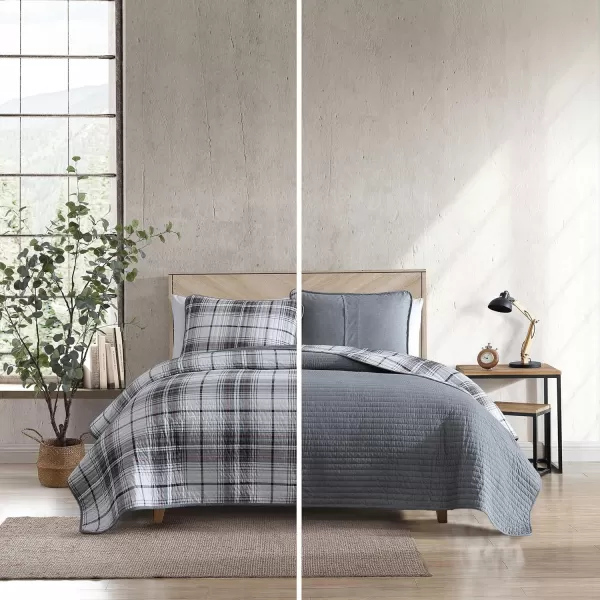 Eddie Bauer  Twin Quilt Set Reversible Cotton Bedding with Matching Sham Plaid Home Decor for All Seasons Alder Plaid Grey TwinKing Alder Plaid Grey