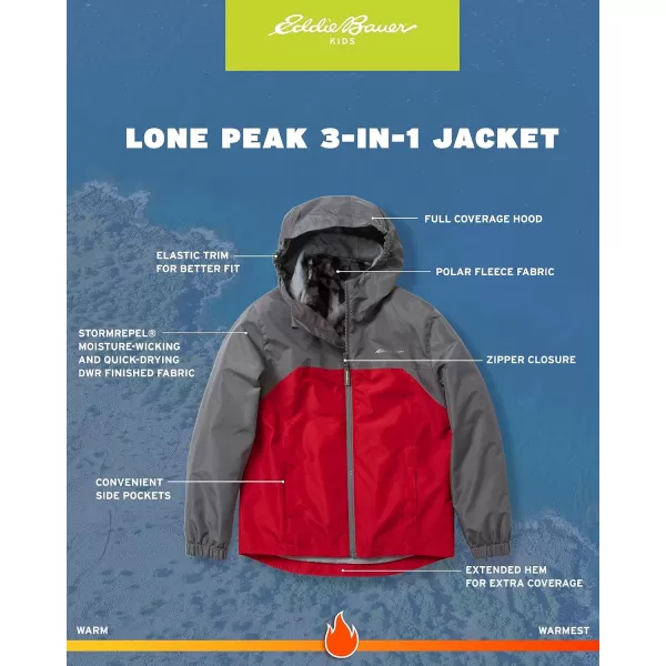 Eddie Bauer Boys Rain Jacket  Lone Peak Waterproof 3in1 Insulated Windbreaker Coat with Removable Fleece Lining 520Crimson