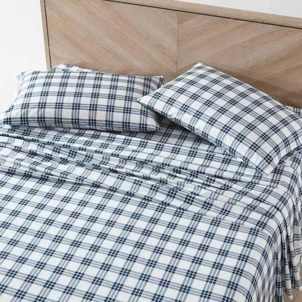 Eddie Bauer Home Sheets Cotton Percale Bedding Set Crisp  Cool Stylish Home Decor4 pcs Queen Northern Plaid GreyWhiteBasic Plaid Navy