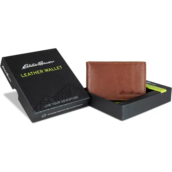 Eddie Bauer Mens Signature Logo Leather Bifold Money Clip Wallet with 3 Card Slots and RFID ProtectionTan