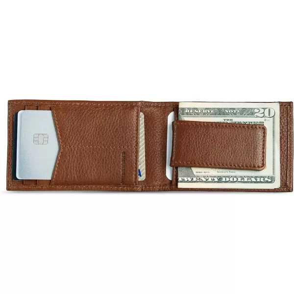 Eddie Bauer Mens Signature Logo Leather Bifold Money Clip Wallet with 3 Card Slots and RFID ProtectionTan