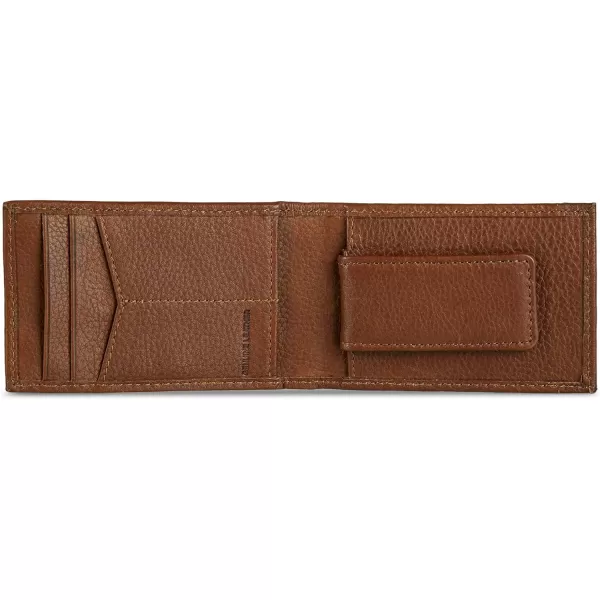 Eddie Bauer Mens Signature Logo Leather Bifold Money Clip Wallet with 3 Card Slots and RFID ProtectionTan