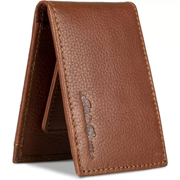 Eddie Bauer Mens Signature Logo Leather Bifold Money Clip Wallet with 3 Card Slots and RFID ProtectionTan