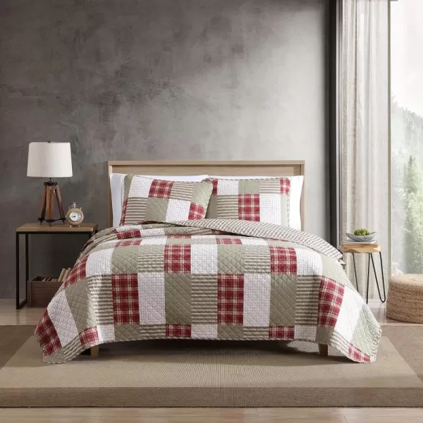 Eddie Bauer  King Quilt Set Reversible Cotton Bedding with Matching Shams Home Decor for All Seasons Camano Island Plum KingRedKhakiIvory