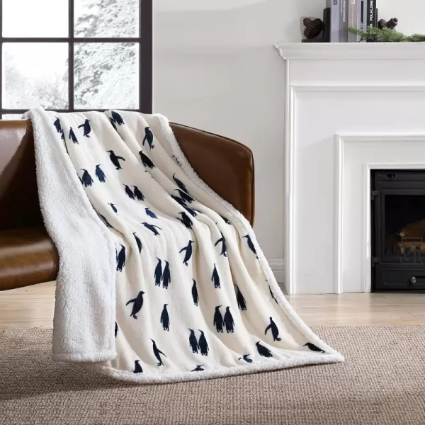 Eddie Bauer  Throw Blanket Reversible Sherpa Fleece Bedding Home Decor for All Seasons Bunkhouse Plaid Beige ThrowEmperor Penguin Navy Blue