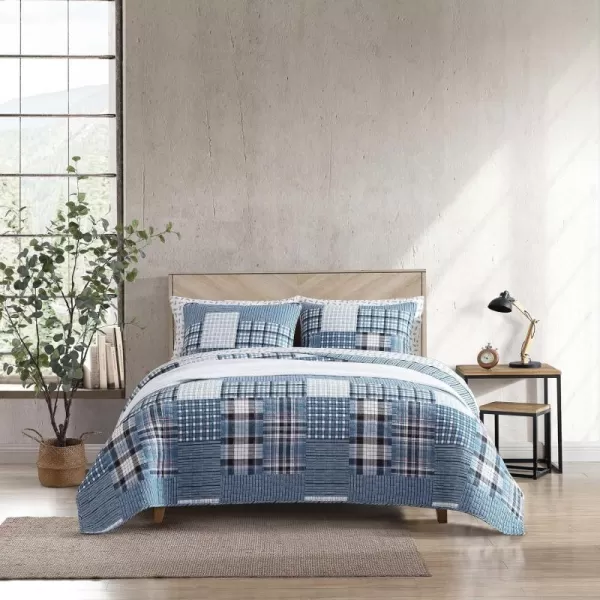 Eddie Bauer  Twin Quilt Set Reversible Cotton Bedding with Matching Sham Patchwork Plaid Home Decor Hawthorne Blue TwinKing Hawthorne Blue