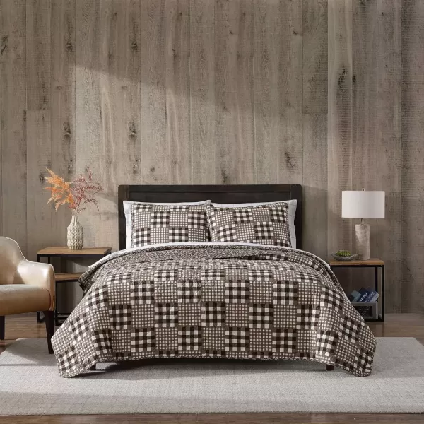 imageEddie Bauer  Twin Quilt Set Reversible Bedding with Matching Sham Patchwork Home Decor Gingham Patchwork Brown Twin