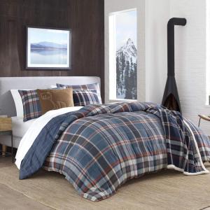 imageEddie Bauer  Twin Comforter Set Microsuede Bedding with Matching Sham OekoTex Certified Dorm Essentials Cabin Plaid GreyMedium Indigo