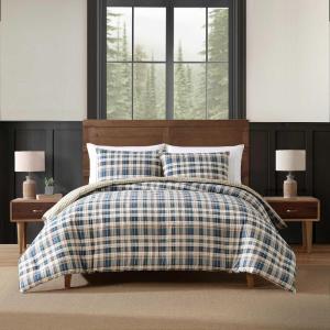 imageEddie Bauer  Twin Comforter Set Microsuede Bedding with Matching Sham OekoTex Certified Dorm Essentials Cabin Plaid GreyPort Gamble Indigo