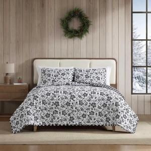 imageEddie Bauer  Twin Quilt Set Cotton Flannel Bedding with Matching Sham Rounded Corners Diamond Corner Stitch Dorm Essentials Mountain Moose GreyWoodblock Floral Black