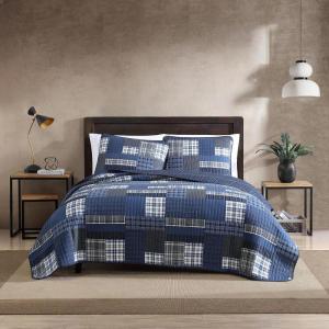 imageEddie Bauer  Twin Quilt Set Naturally Soft Cotton Bedding wa Lightweight Feel for AllYear Comfort Reversible wMatching Pillowcase 2 Piece Bed Set Moose PlaidPinstripePatchwork BlueEastmont Navy