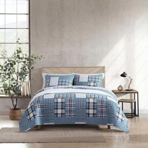 imageEddie Bauer  Twin Quilt Set Naturally Soft Cotton Bedding wa Lightweight Feel for AllYear Comfort Reversible wMatching Pillowcase 2 Piece Bed Set Moose PlaidPinstripePatchwork BlueHawthorne Blue
