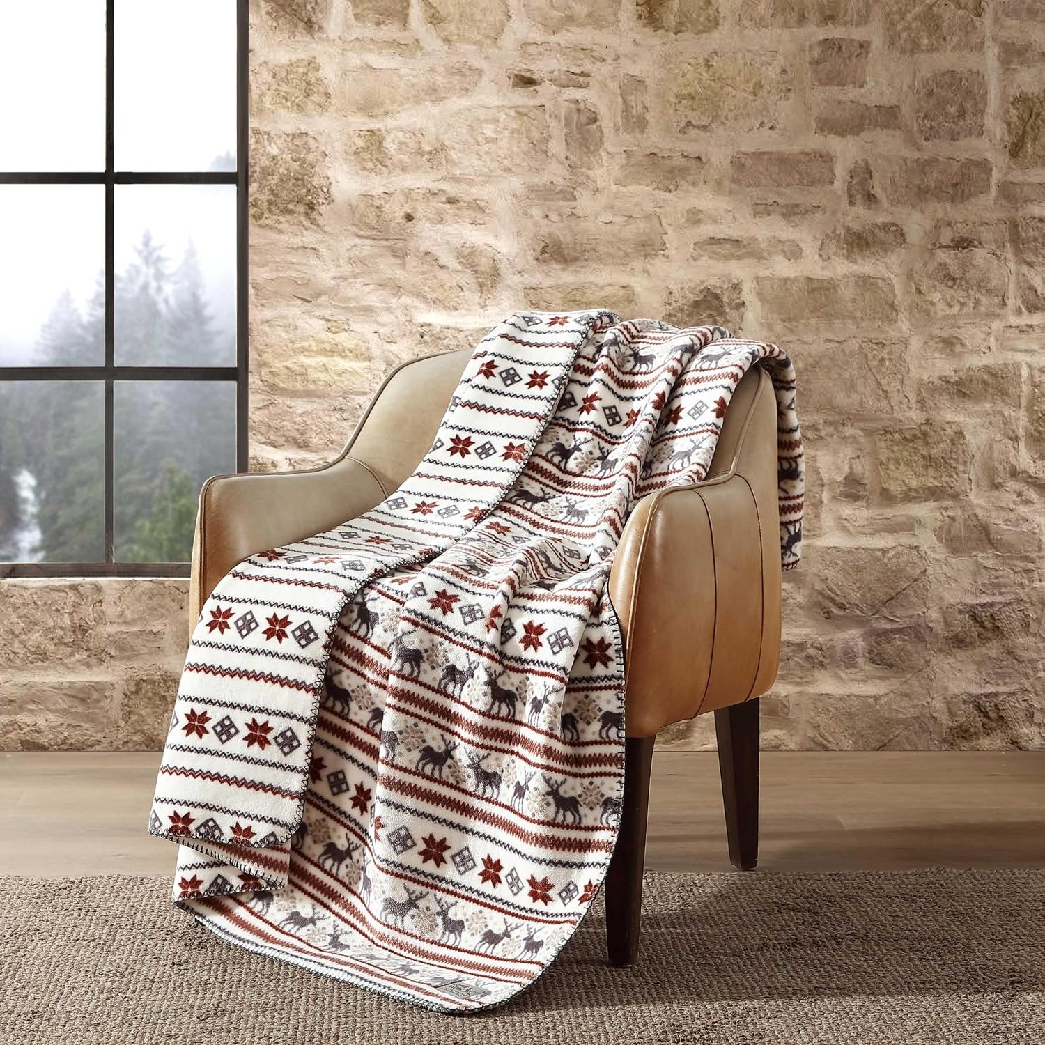 image:imageEddie Bauer  Oversized Throw Blanket 60x70 Reversible Plush Blanket for Couch or Bed Plaid Room Decor Morning Dew GreyDeerNorthern Snowflakes Beige