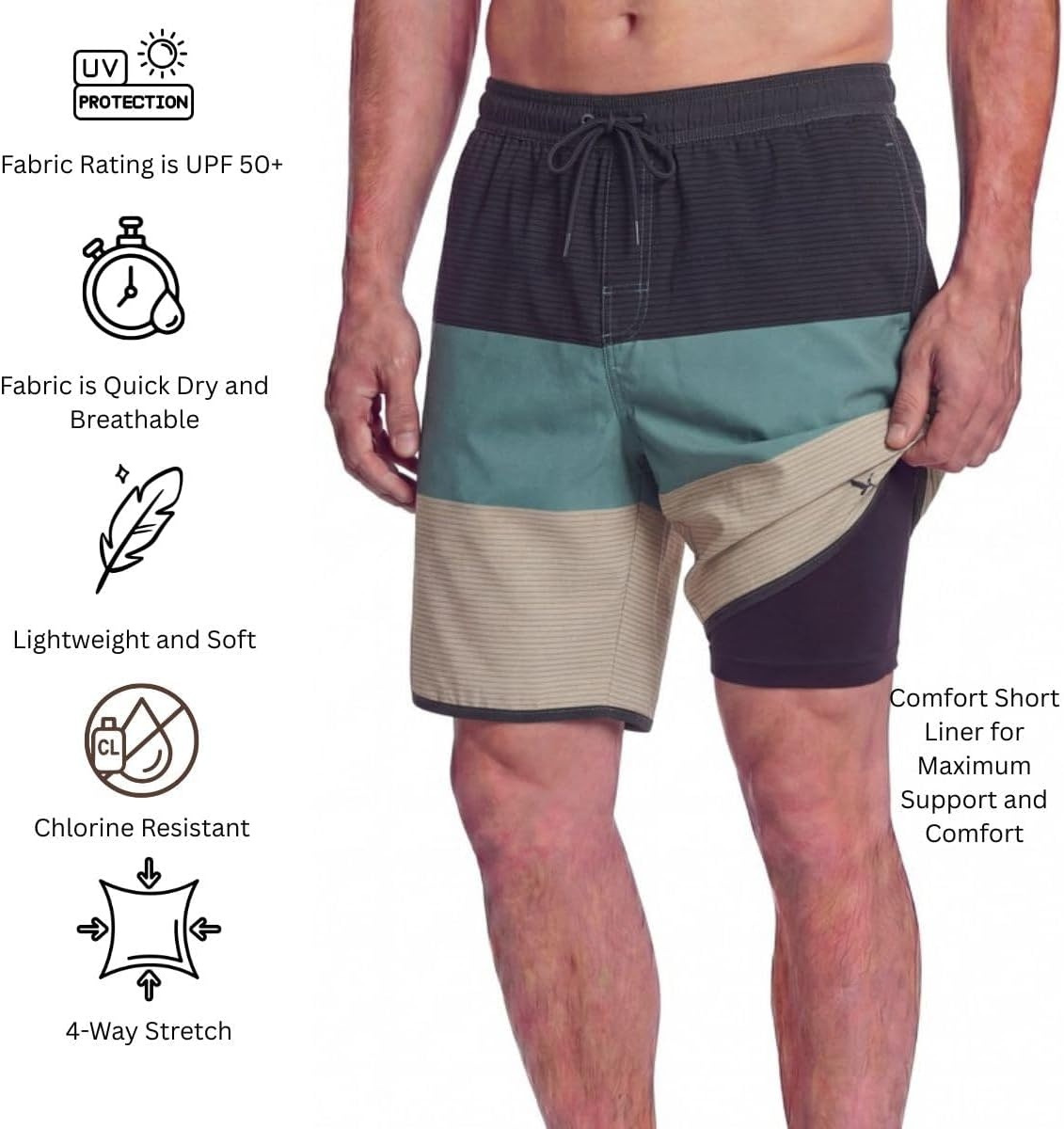 image:imageEddie Bauer Mens UPF 50 7 Volley Swim Trunks with Comfort Short Liner Quick Dry Fabric with Elastic Waist and DrawcordStripe Colorblock  Storm