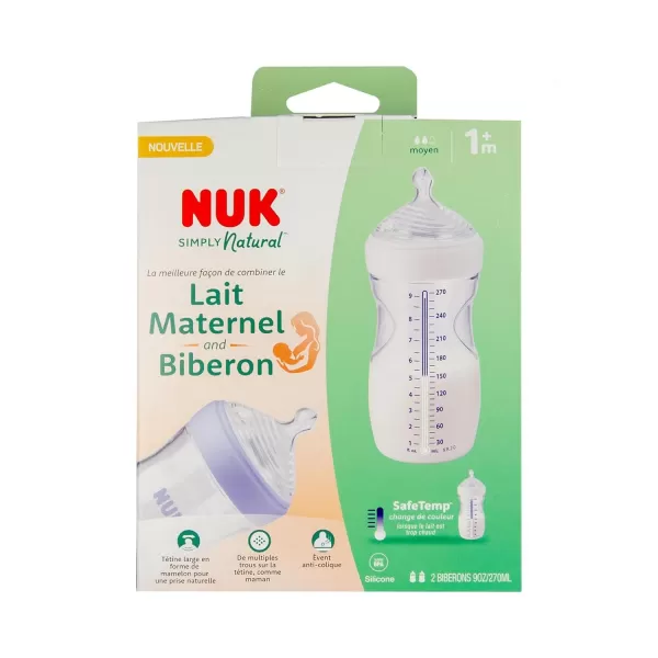 NUK Simply Natural Baby Bottle with SafeTemp, Neutral, 9 Oz, 4 Count