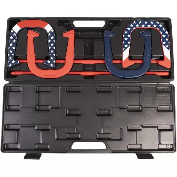 Triumph Forged and Steel Horseshoe Set Complete with 4 Horseshoes, 2 Stakes - Patriotic or Blue and Grey Colors - Perfect Addition for Parties and Outdoor Gatherings