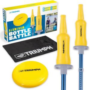 imageTriumph Sports Bottle Battle DiscThrowing Outdoor Target Game Includes Two Aluminum Telescoping Poles Two NonBreakable Bottles and Disc Blue