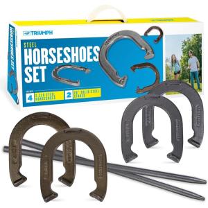 imageTriumph Forged and Steel Horseshoe Set Complete with 4 Horseshoes 2 Stakes  Patriotic or Blue and Grey Colors  Perfect Addition for Parties and Outdoor GatheringsSteel Gold  Silver