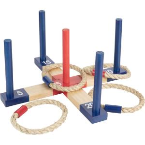 imageTriumph Sports Triumph Compact and Portable Wood Ring Toss with 1 Wooden 5Peg Target 2 Red Rope Toss Rings and 2 Blue Rope Toss Rings