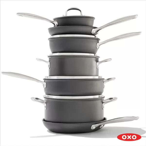 OXO Good Grips 10 Piece Cookware Pots and Pans Set, 3-Layered German Engineered Nonstick Coating, Stainless Steel Handle with Nonslip Silicone, Gray,Black